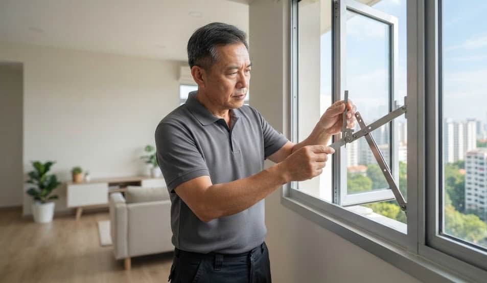 BCA certified technician inspecting stainless steel friction stay rivets on an HDB casement window to prevent falling windows.