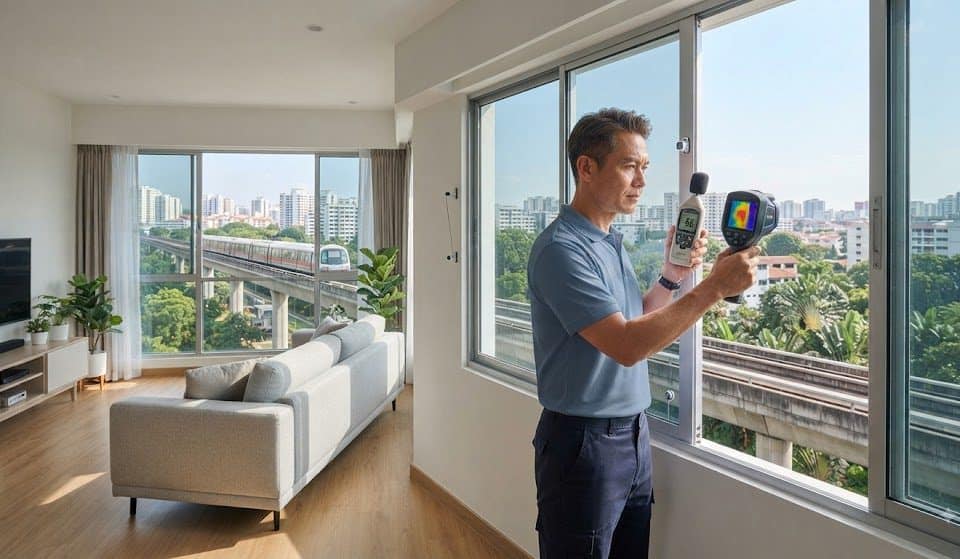 Technician using a decibel meter and thermal imaging camera to measure sound reduction and solar heat block on a double-glazed sliding window.