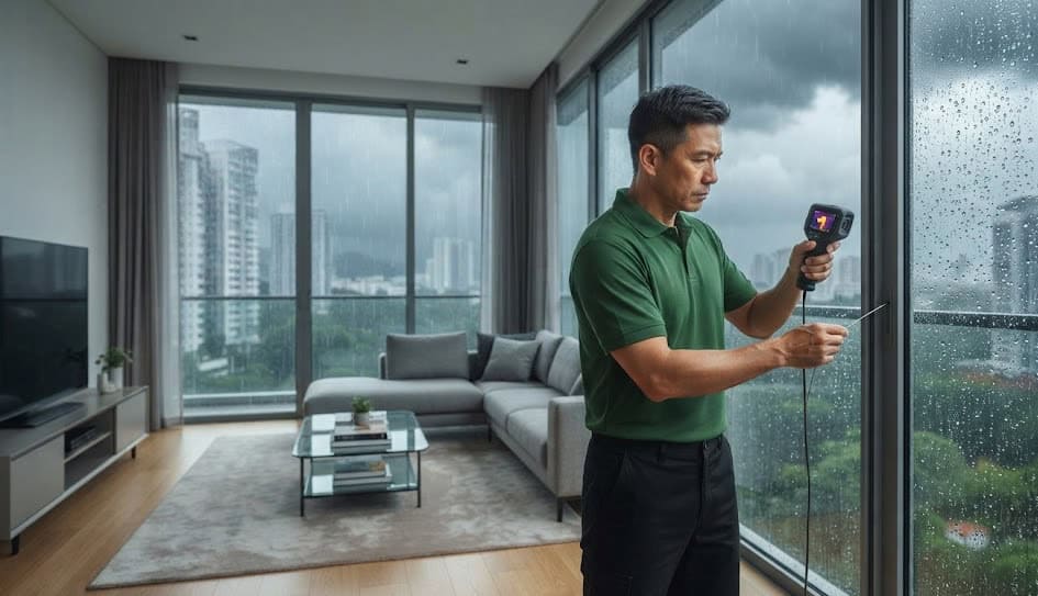 Technician applying high-grade perimeter weather seals and solar heat film on an HDB apartment window frame in Singapore.